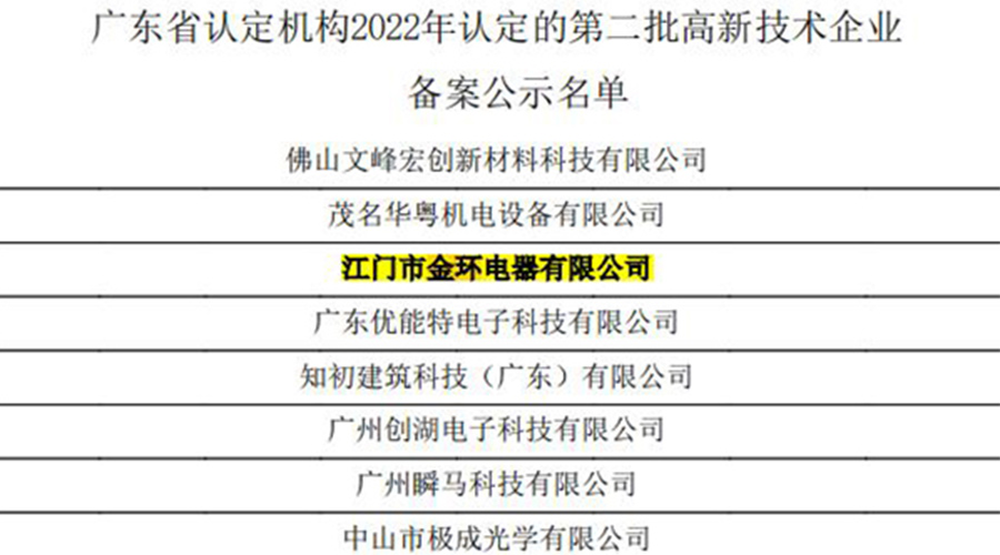 好消息！金環(huán)電器再次通過國家級“高新技術(shù)企業(yè)”認定